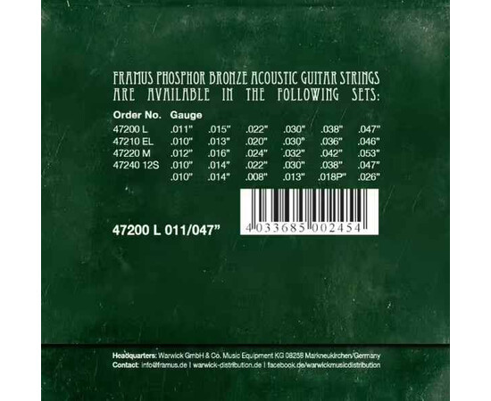Струны для акустической гитары WarwickFramus Phosphor Bronze Light 011 - 047, изображение 2