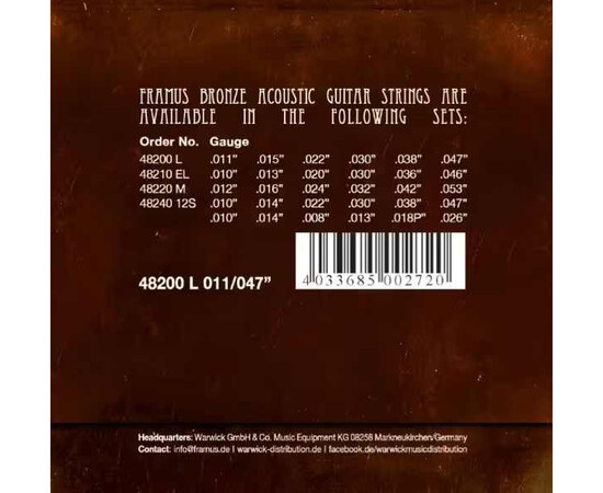 Струны для акустической гитары Warwick Framus Bronze Light 011 -047, изображение 2