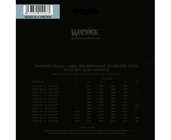 Струны для басс гитары Warwick bass guitar strings Black Label 4 Set Medium 045/105, изображение 2